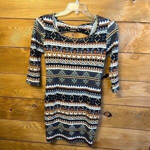 Forever 21 Geometric Print Bow‎ Back Mini Dress S/P Bodycon Boho Retro Tribal
